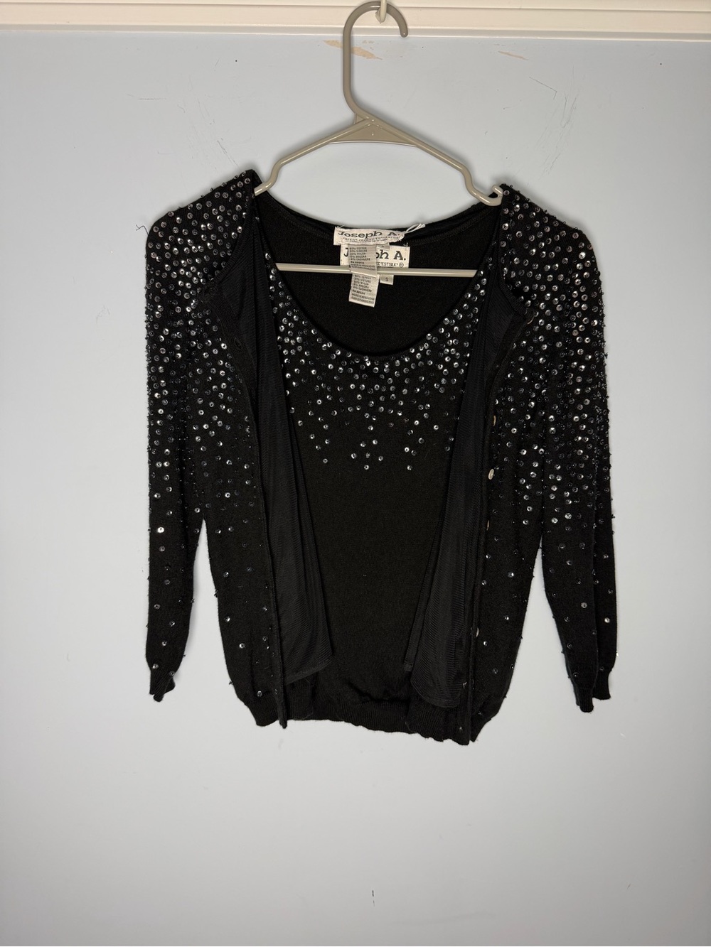 Vintage 90s Joseph A Black Sequin Cardigan & Tank Set Size S Y2K